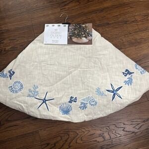NEW Coastal Sigrid Olsen SEA SHELL TREE SKIRT 56" Blue Embroidered Cream Linen